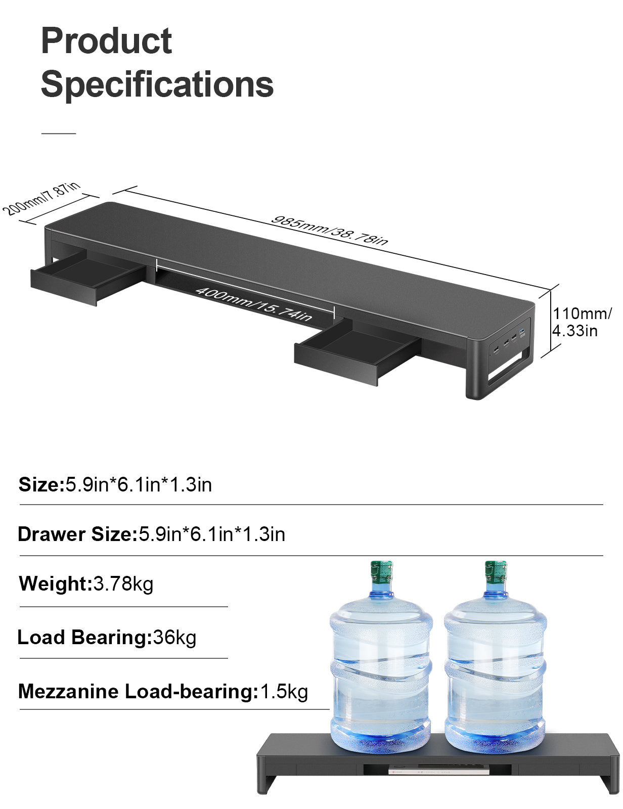 Vaydeer Upgraded Monitor Riser Stand with Dual Drawers