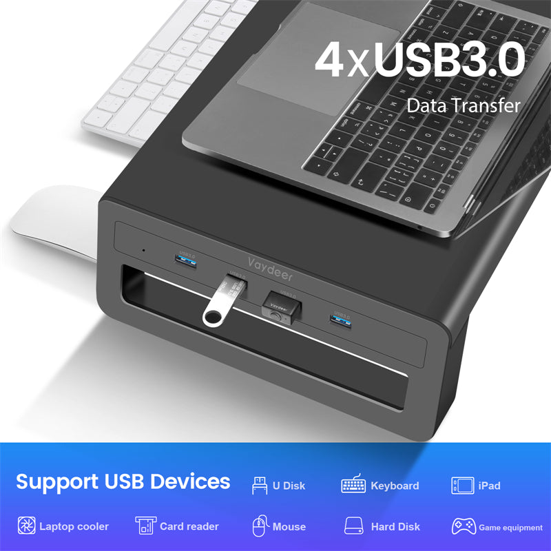 Vaydeer USB 3.0 Aluminum Monitor Stand Metal Riser Support Transfer Data  and Charging,Keyboard and Mouse Storage Desk Organizer up to 27inch for  Laptop,Computer,Notebook,MacBook,PC (Black)……… : : Computers &  Accessories