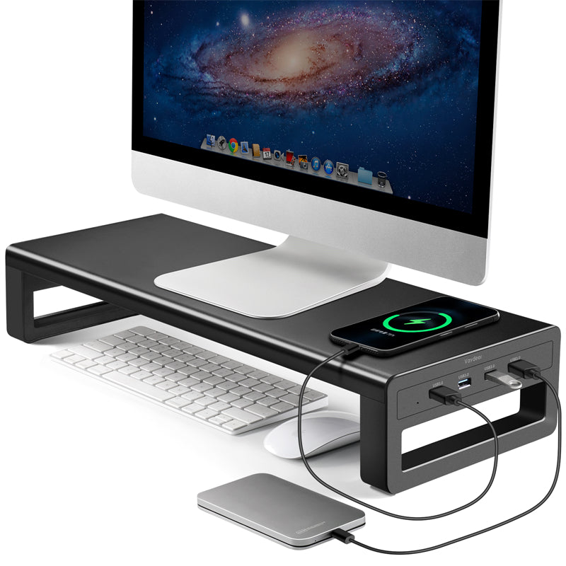 2 Tier Metal Monitor Stand Monitor riser and Computer Desk Organizer with  Drawer and Pen Holder for Laptop, Computer, iMac, Black